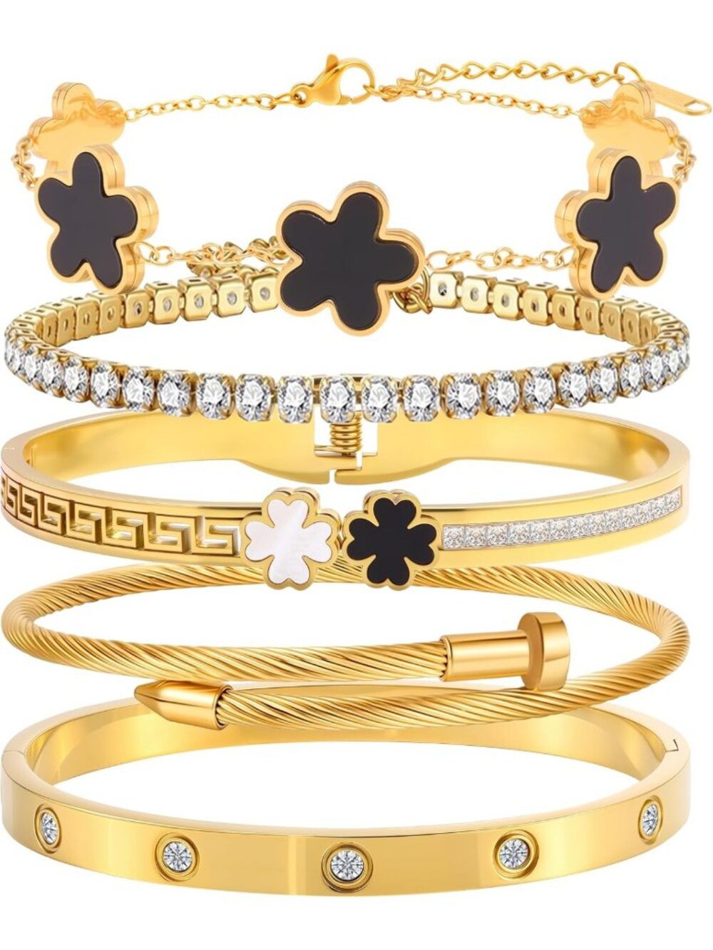 Stackable Silver Bangle Bracelets for Women - Non-Tarnish Clover Charm Gift